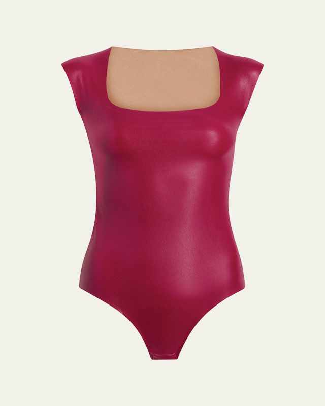 Cap-Sleeve Faux Leather Bodysuit